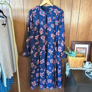 ModCloth Floral Midi‎ Dress Long Sleeve Keyhole Neck Navy Blue Occasion 3x